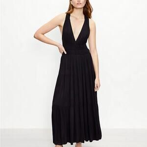 LOFT Beach Black Maxi Dress Sleeveless Deep V Neck Smocked Waist‎ Resortwear